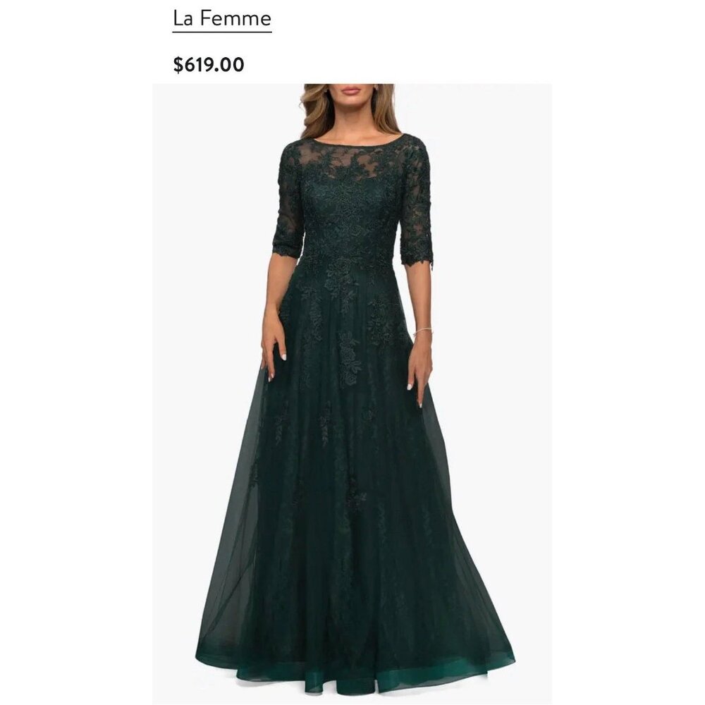 NWT La Femme Lace & Tulle A-line Gown with 3/4 Sleeves Size 12 Emerald/Hunter